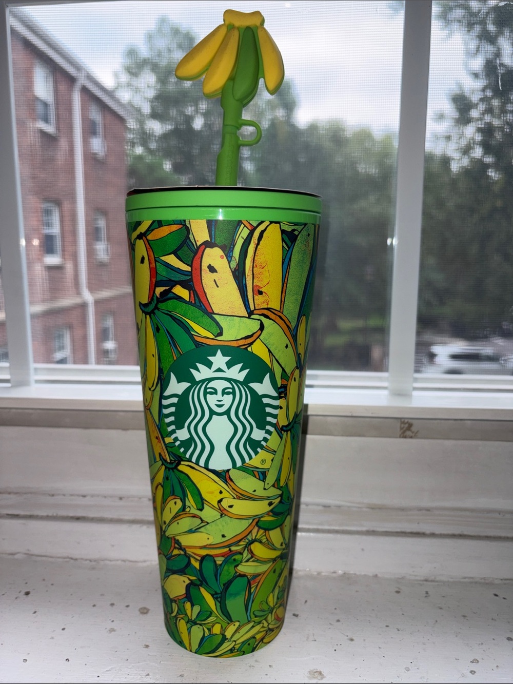 24oz Starbucks Green & Yellow Banana Print Tumbler with Banana Straw Topper